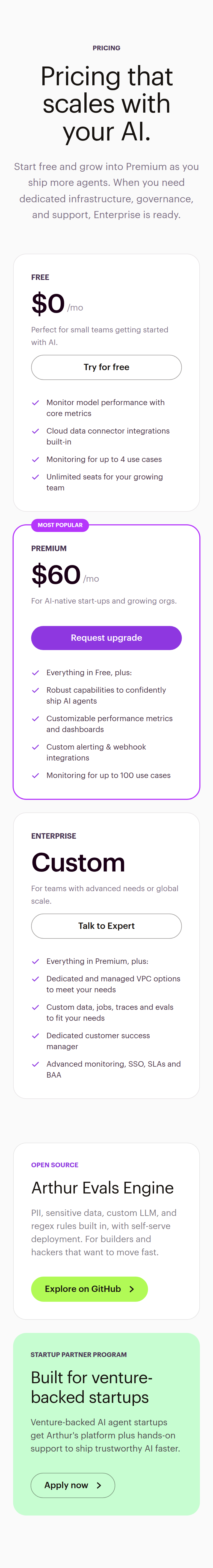 Pricing Plans section from Arthur AI, on a phone