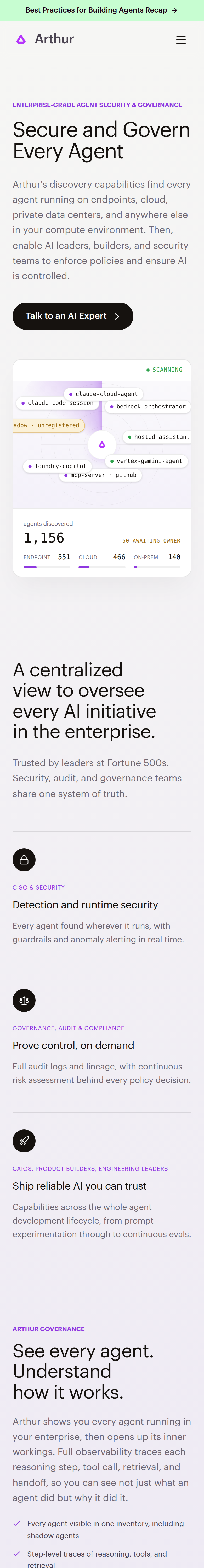 Home page of the Arthur AI website, on a phone