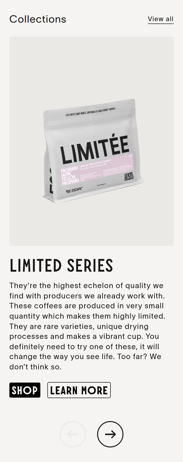 Collections section from Escape Coffee, on a phone