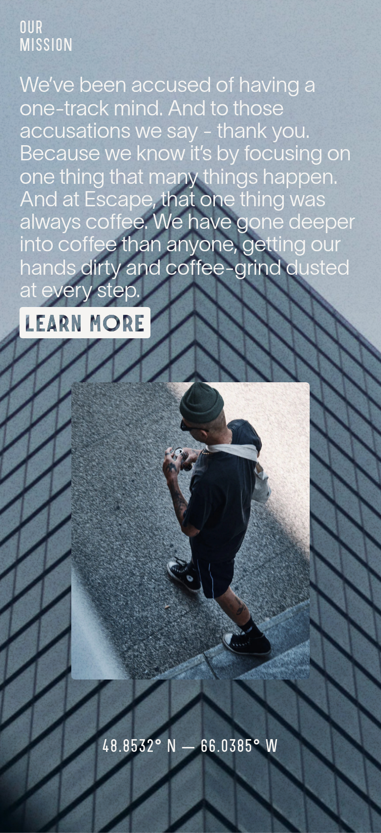 Our Mission section from Escape Coffee, on a phone