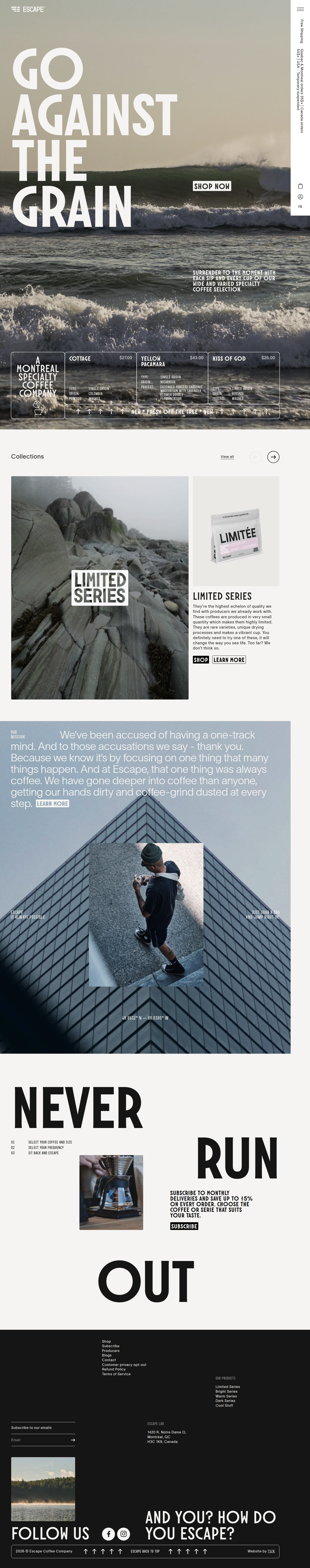 Home page of Escape Coffee