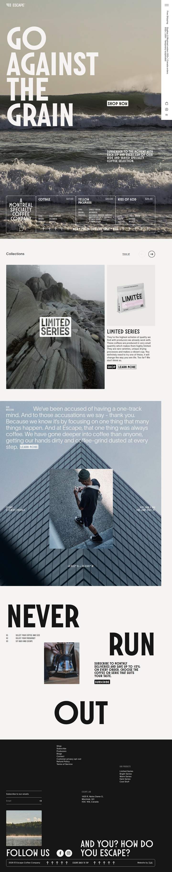 Home page from Escape Coffee