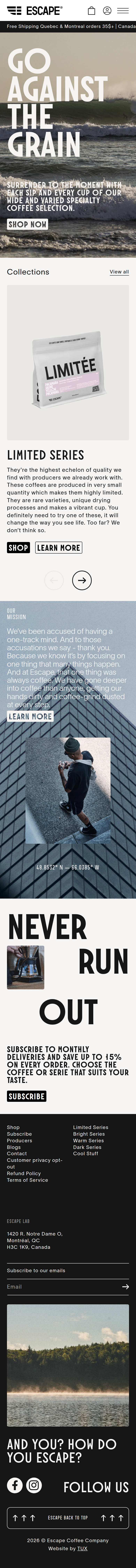 Home page of Escape Coffee, on a phone
