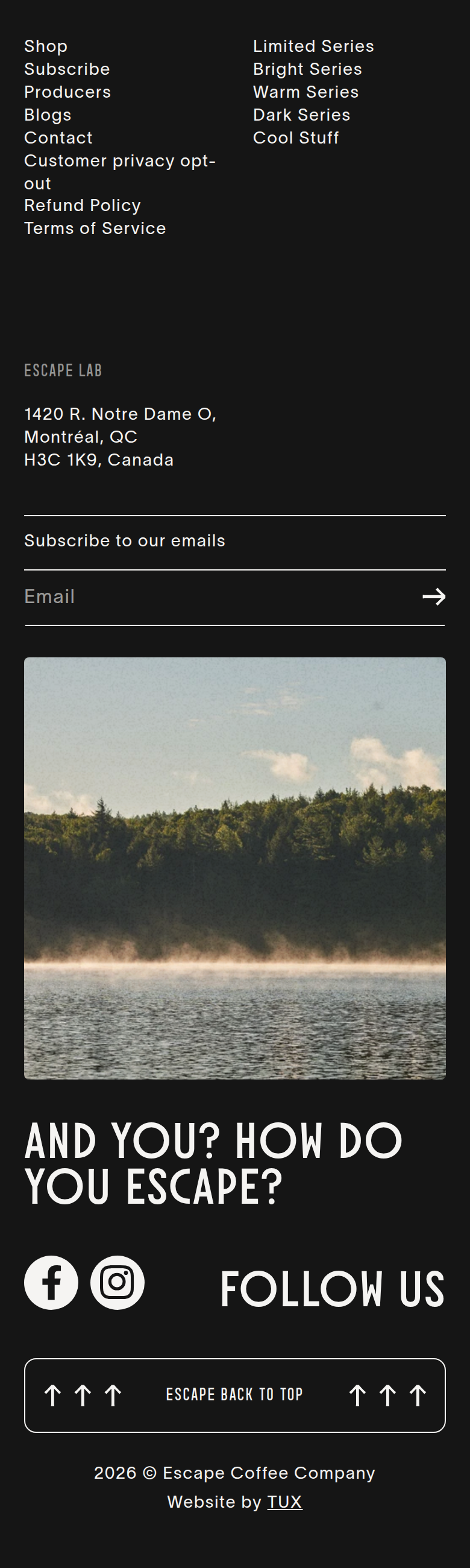 Footer section from Escape Coffee, on a phone