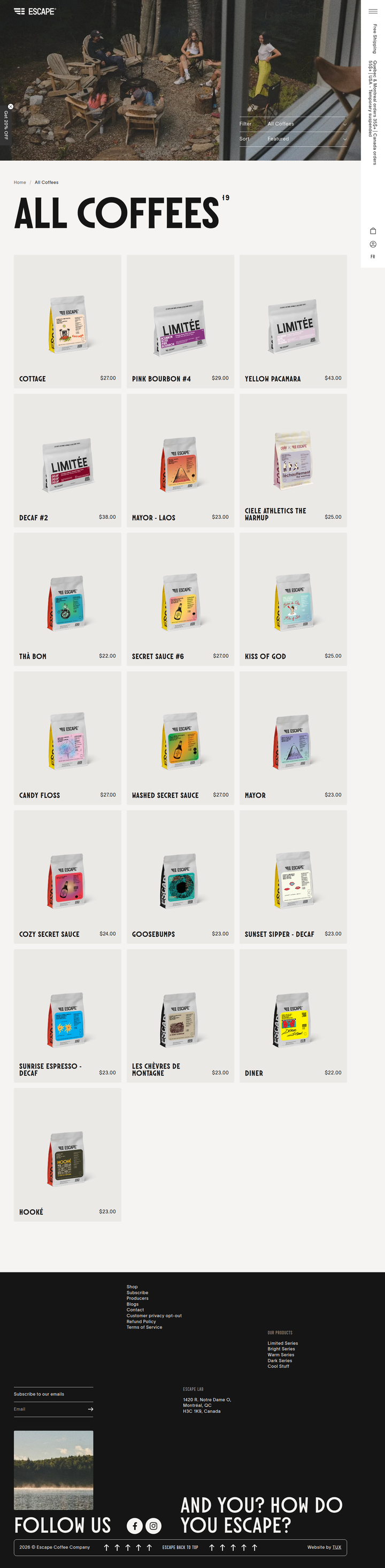 All Coffees page from Escape Coffee