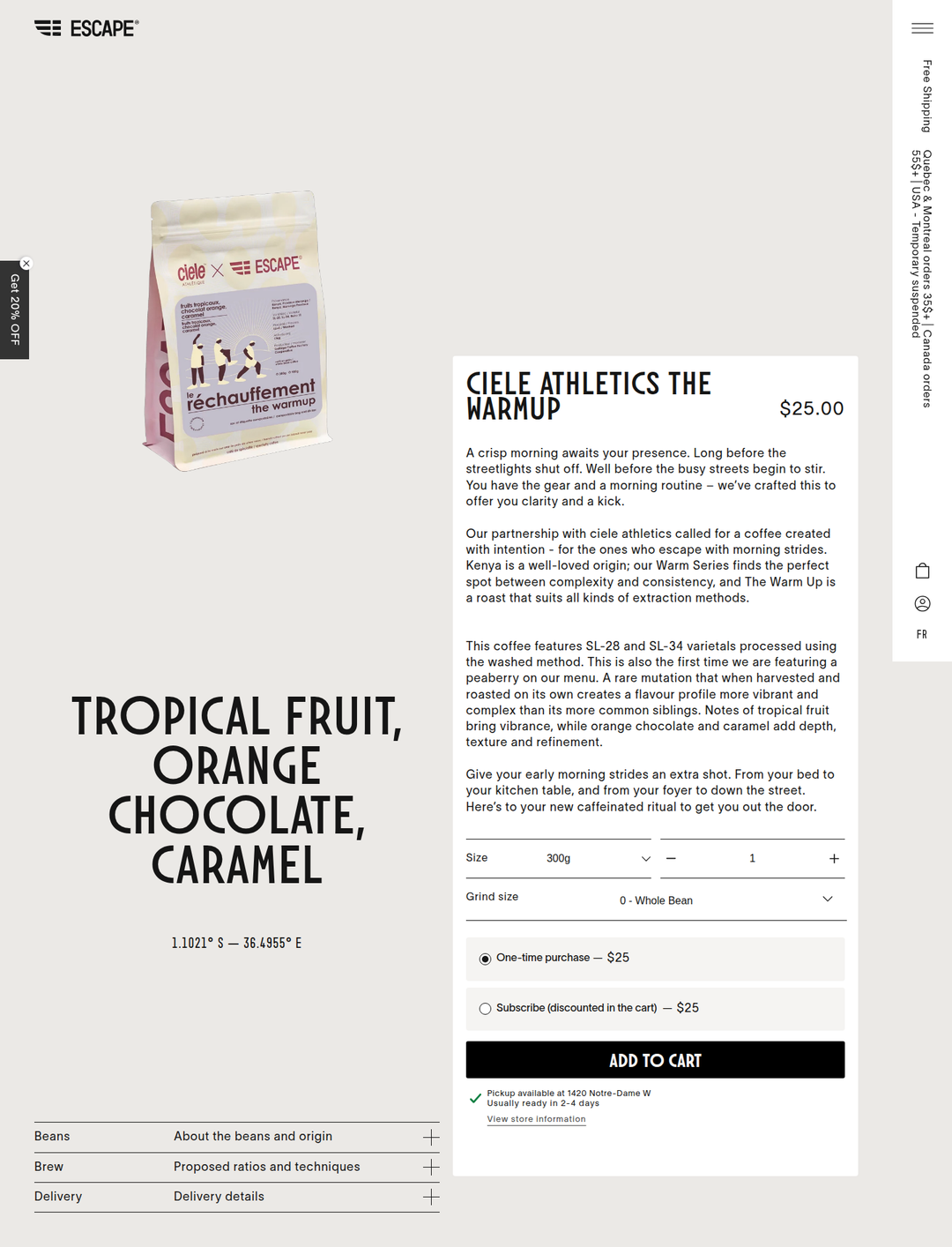 Product Details section from Escape Coffee