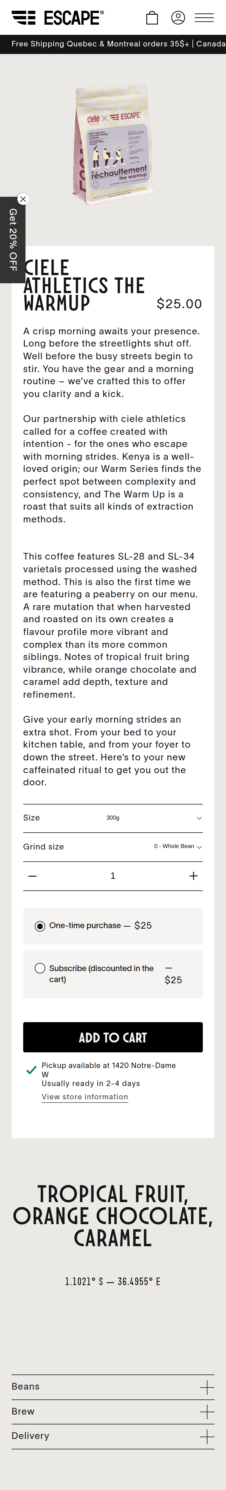 Product Details section from Escape Coffee, on a phone
