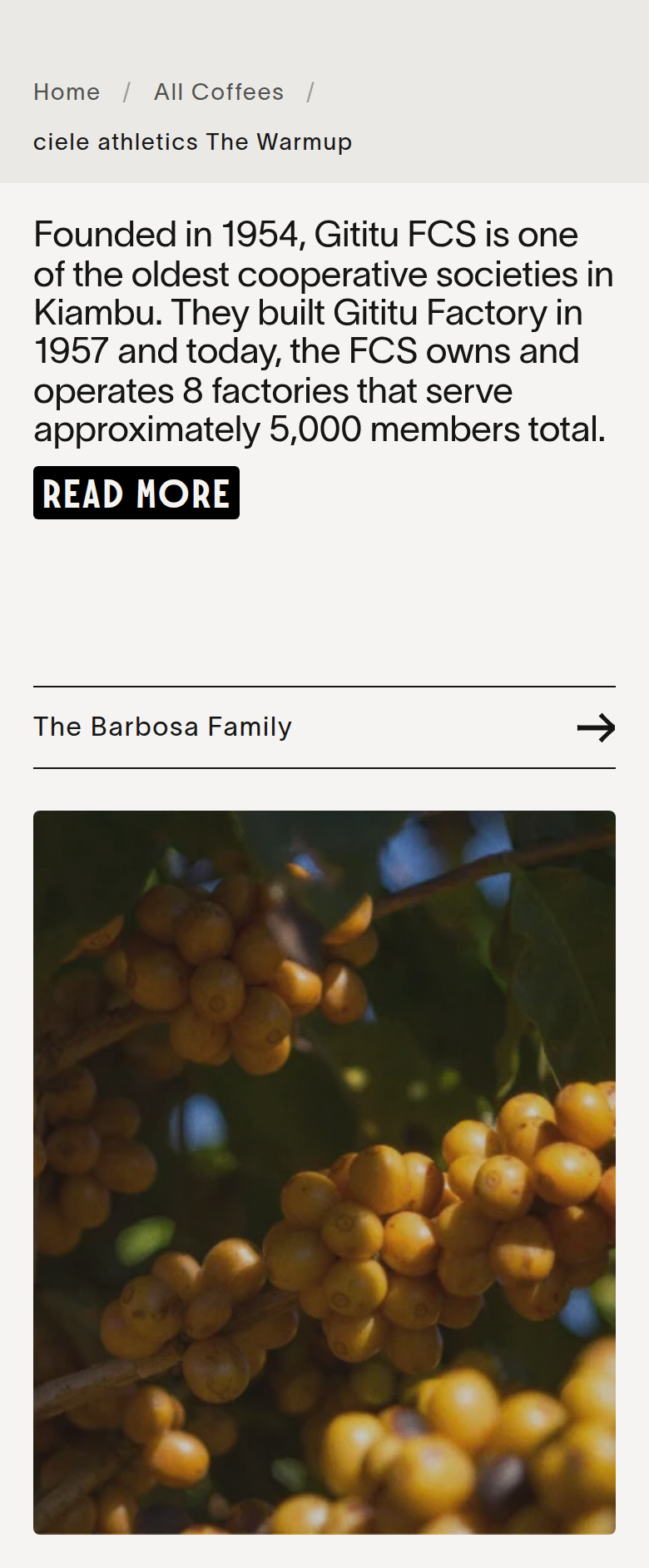 Producer Story section from Escape Coffee, on a phone