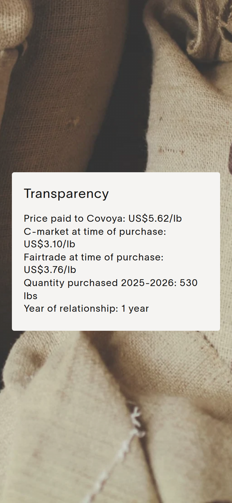 Transparency section from Escape Coffee, on a phone