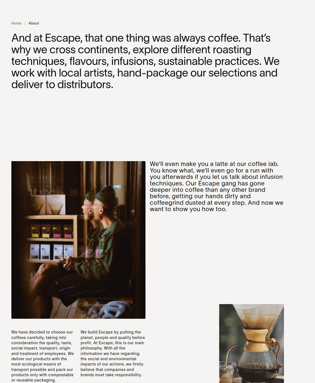 Our Story section from Escape Coffee