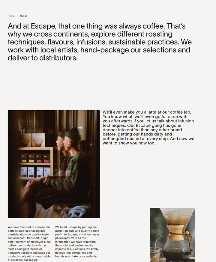 Our Story section from Escape Coffee