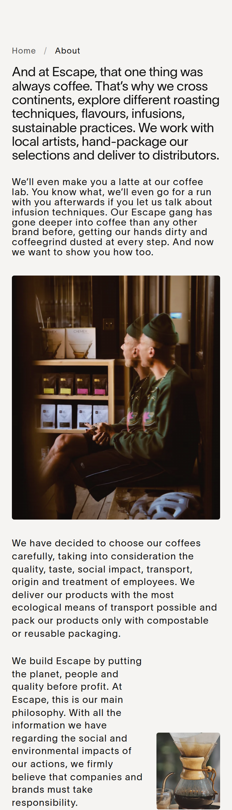 Our Story section from Escape Coffee, on a phone