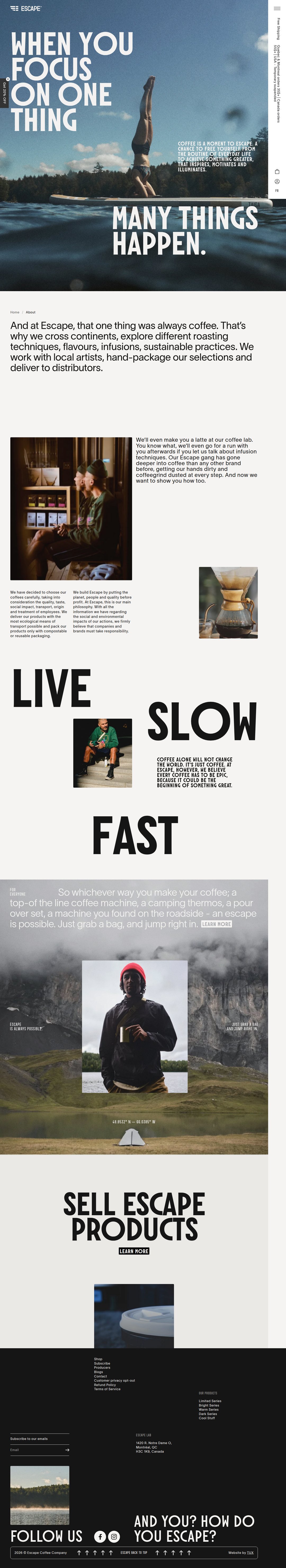 About page of Escape Coffee