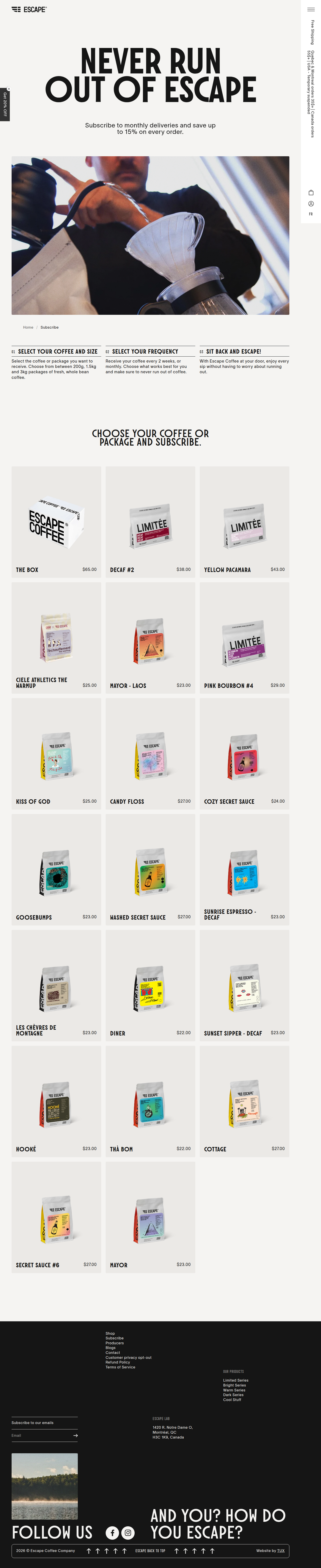 Subscribe page of Escape Coffee