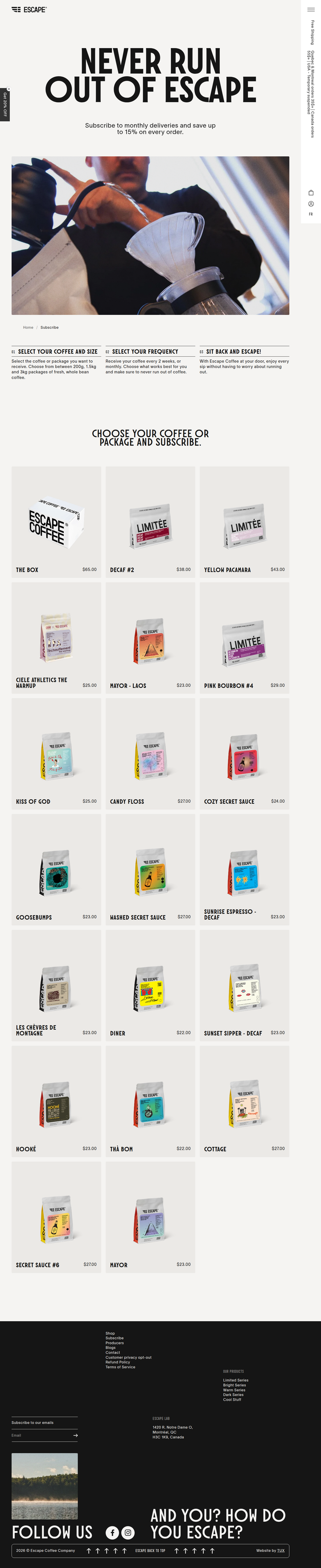 Subscribe page from Escape Coffee