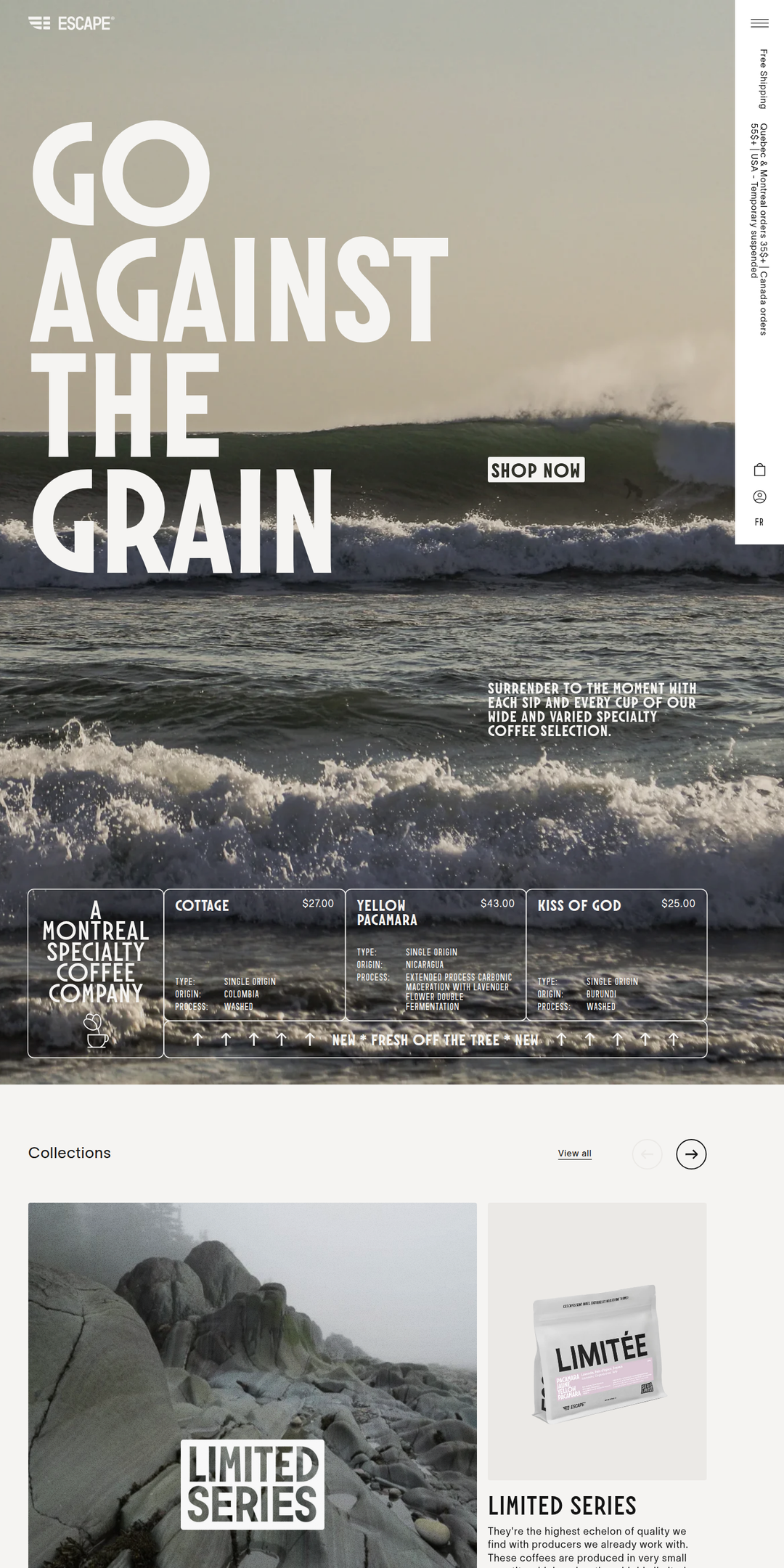 Home page of the Escape Coffee website