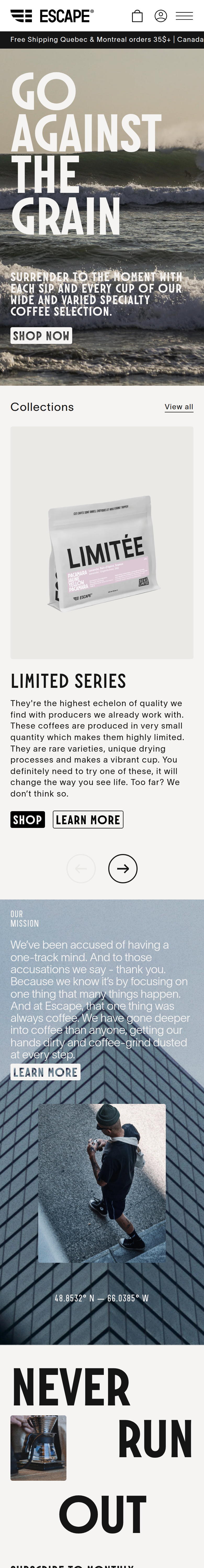 Home page of the Escape Coffee website, on a phone