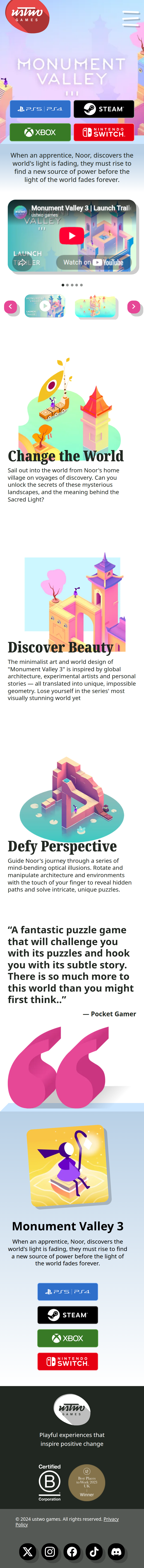 Monument Valley 3 page of ustwo games, on a phone