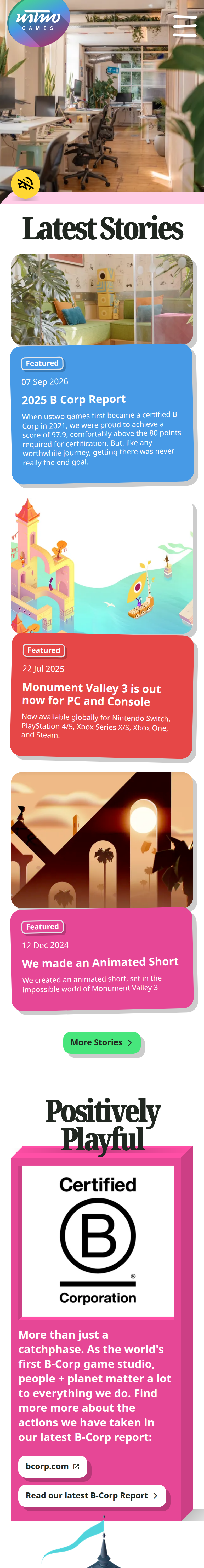 Home page of the ustwo games website, on a phone
