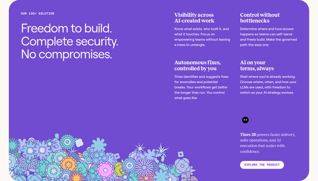 Freedom to Build. Complete Security. No Compromises. section from Tines