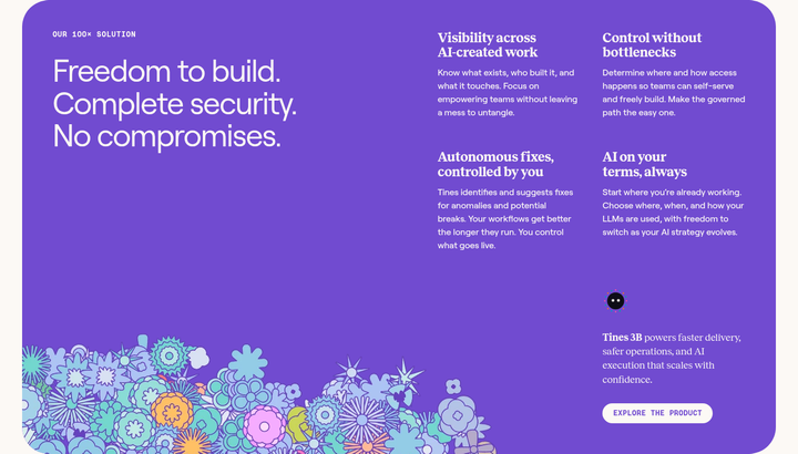 Freedom to Build. Complete Security. No Compromises. section from Tines