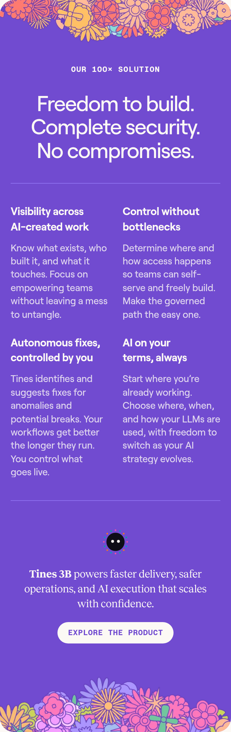 Freedom to Build. Complete Security. No Compromises. section from Tines, on a phone