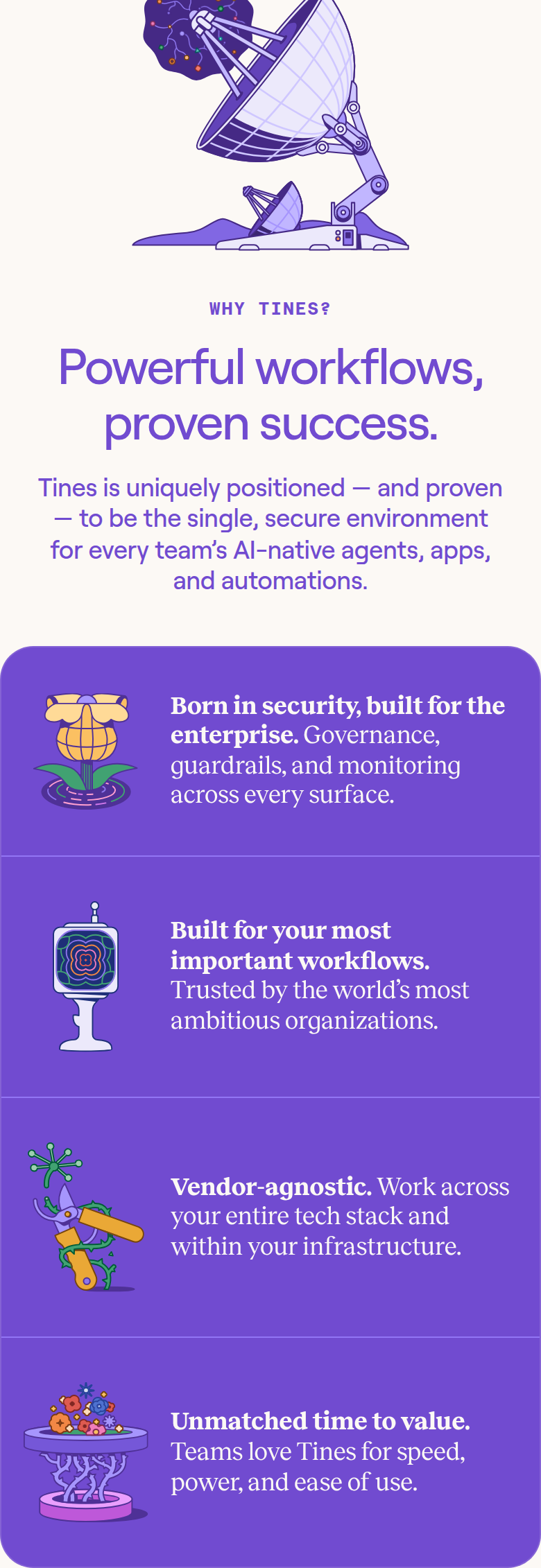 Powerful Workflows, Proven Success section from Tines, on a phone