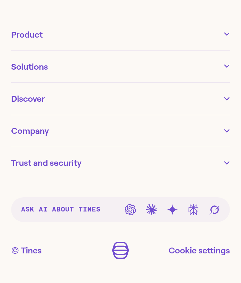 Footer section from Tines, on a phone