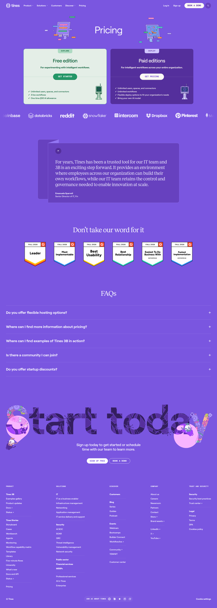 Pricing page from Tines