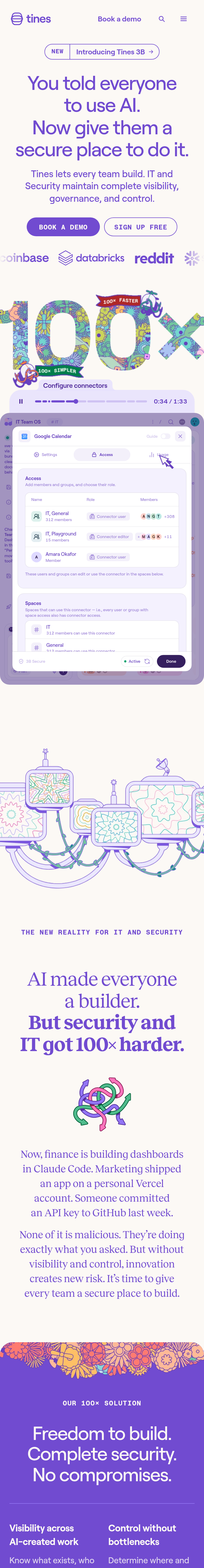 Home page of the Tines website, on a phone