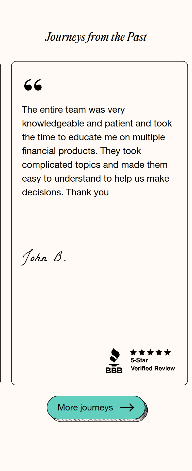 Journeys from the Past section from Five Pathways Financial, on a phone