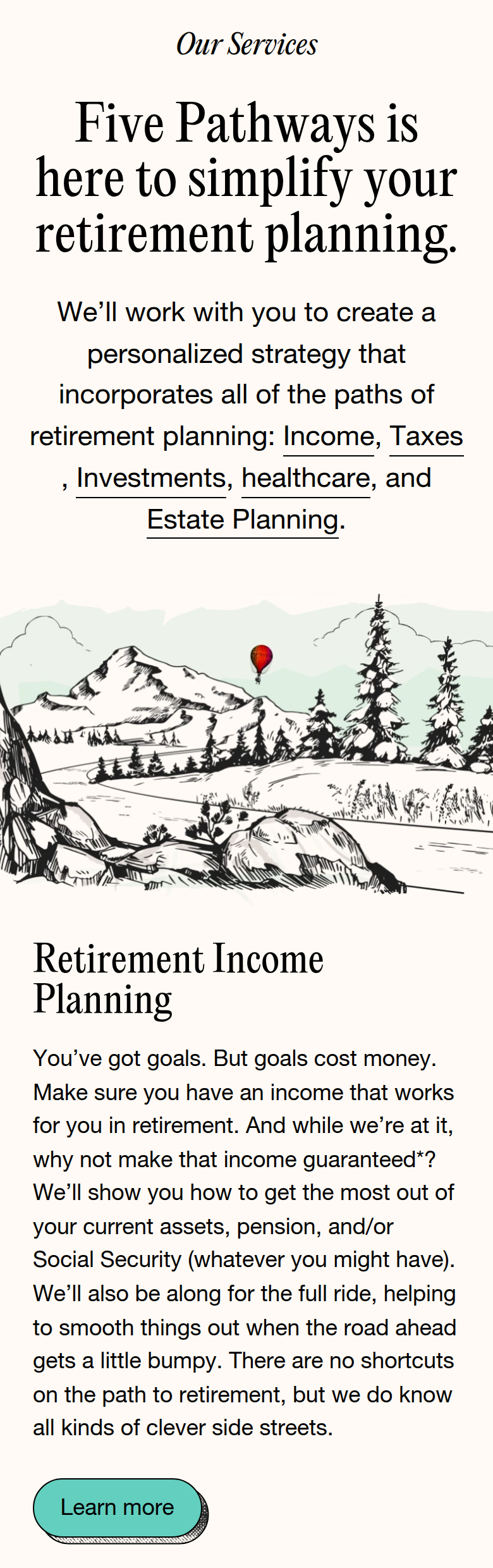 Our Services section from Five Pathways Financial, on a phone