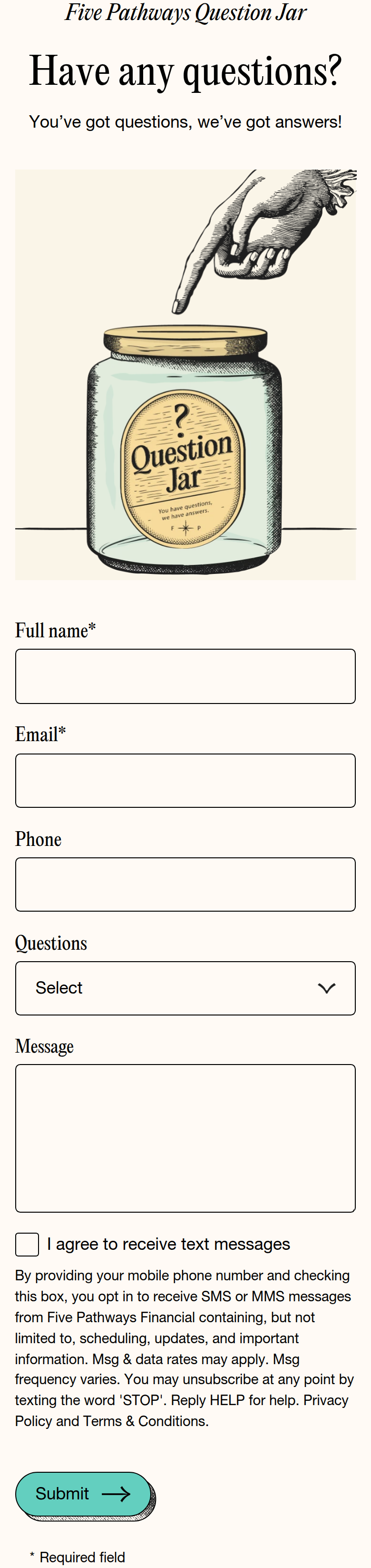Have Any Questions section from Five Pathways Financial, on a phone