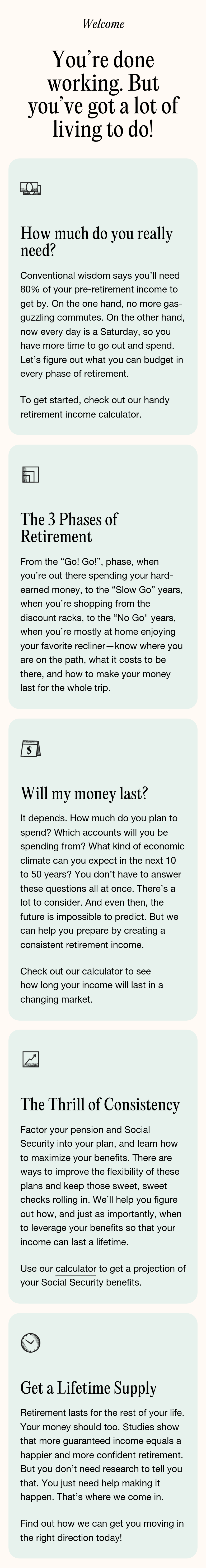 You're Done Working section from Five Pathways Financial, on a phone