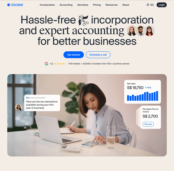 Hassle-Free Incorporation and Expert Accounting section from Osome