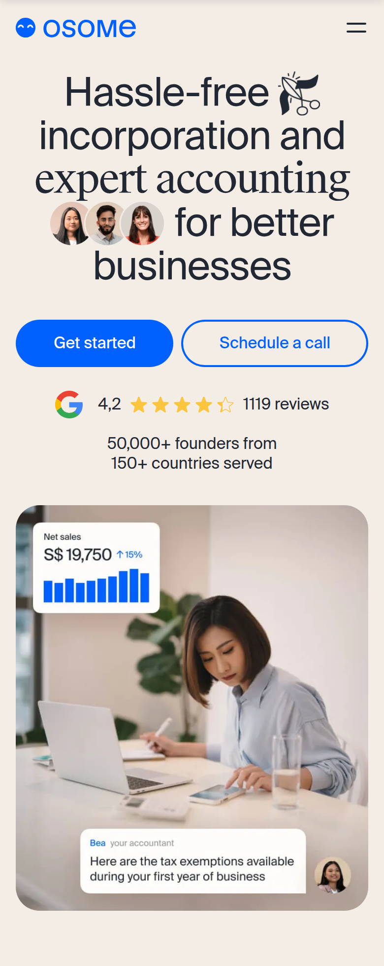 Hassle-Free Incorporation and Expert Accounting section from Osome, on a phone
