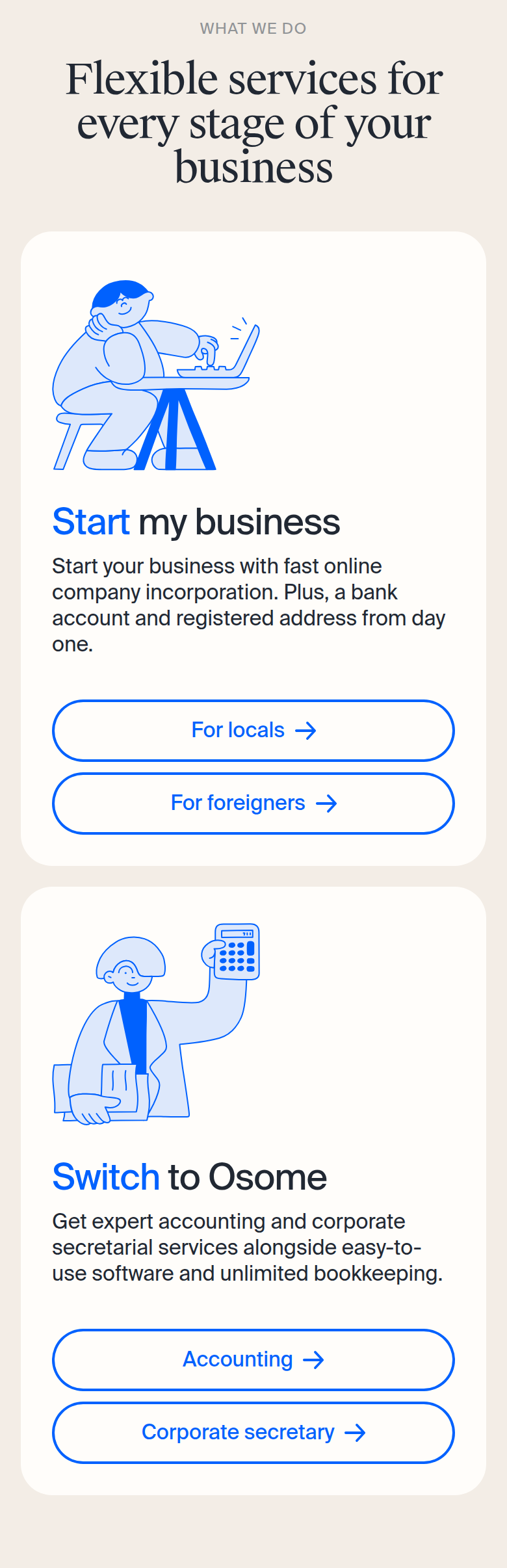 Flexible Services for Every Stage of Your Business section from Osome, on a phone