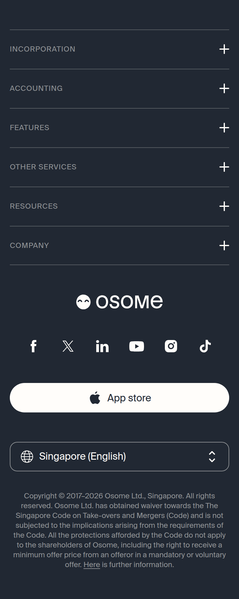 Footer section from Osome, on a phone