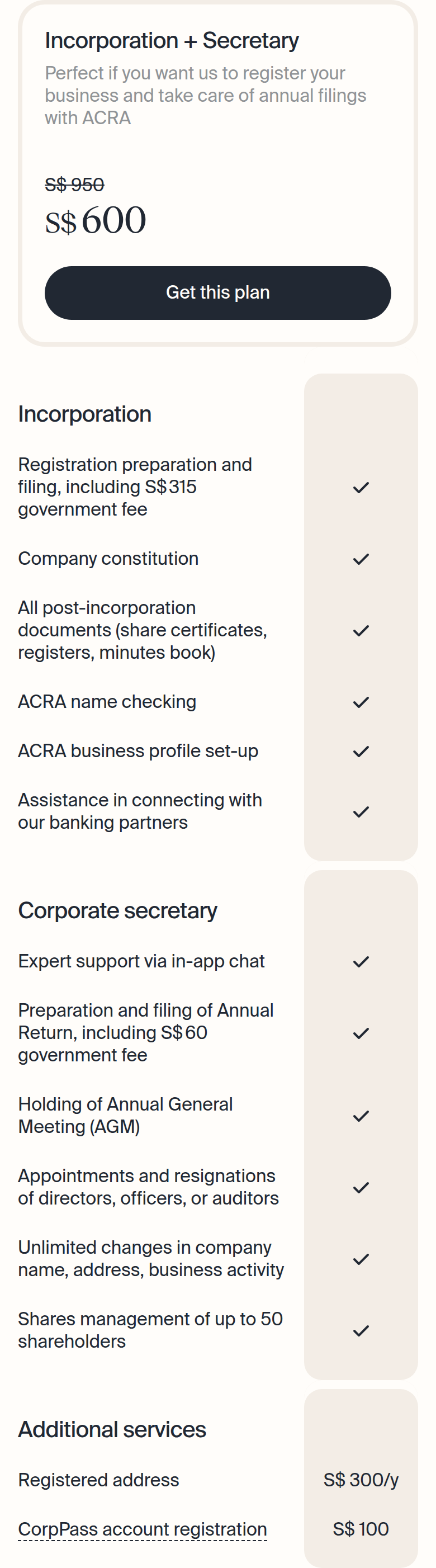 Company Incorporation Plans section from Osome, on a phone