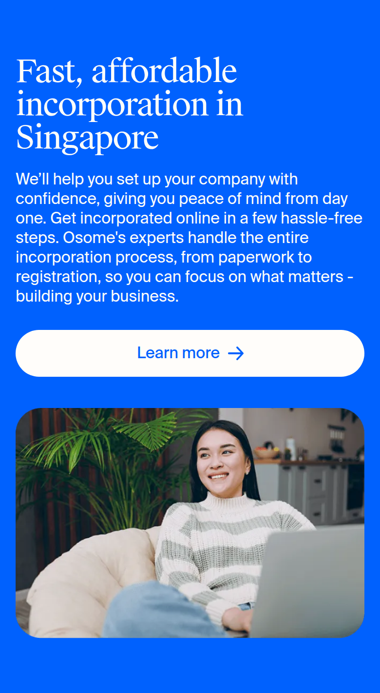 Fast, Affordable Incorporation in Singapore section from Osome, on a phone