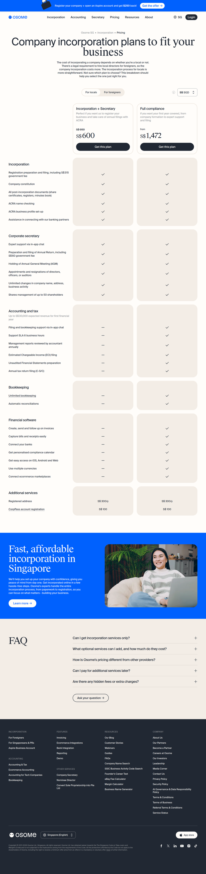 Incorporation Pricing page from Osome