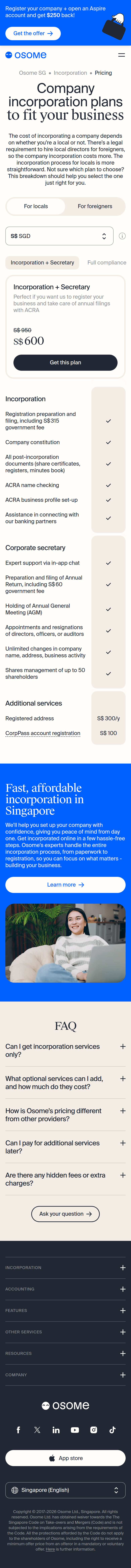 Incorporation Pricing page of Osome, on a phone