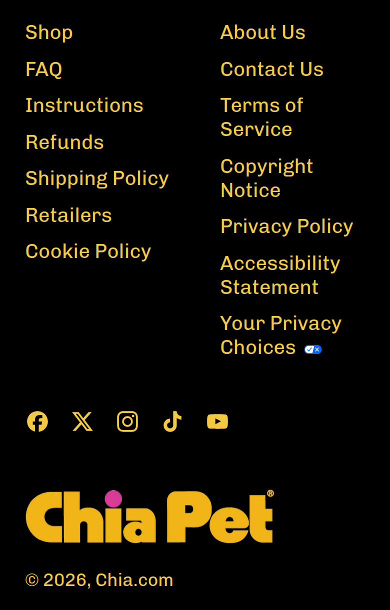 Footer section from Chia Pet, on a phone