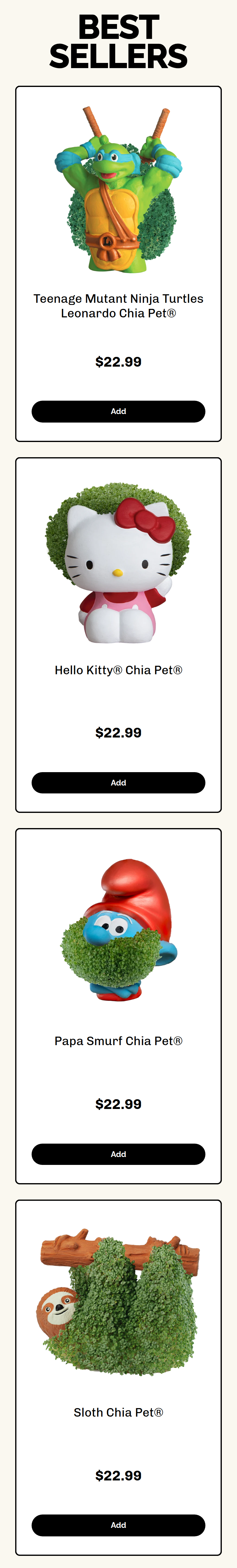 Best Sellers section from Chia Pet, on a phone