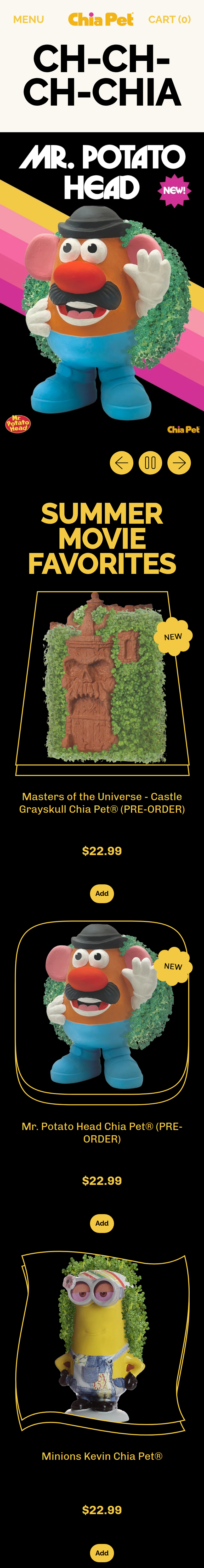 Home page of the Chia Pet website, on a phone