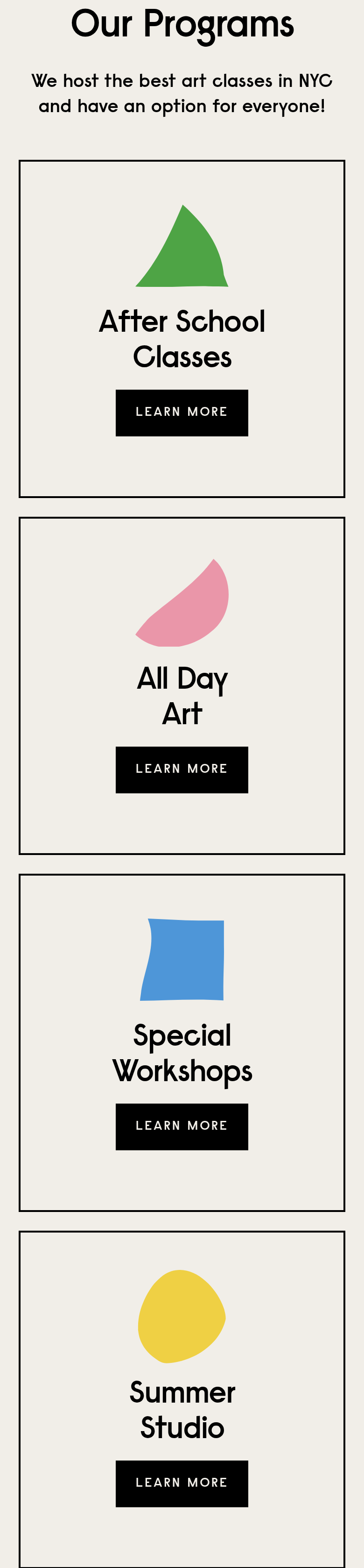 Our Programs section from The Art Center, on a phone