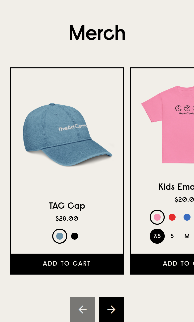 Merch section from The Art Center, on a phone