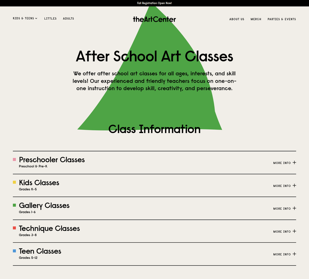 After School Art Classes section from The Art Center