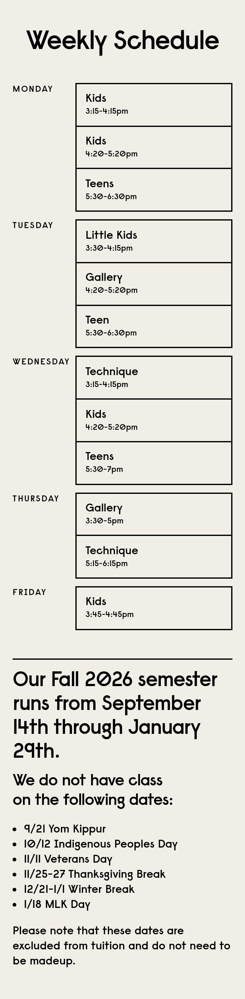 Weekly Schedule section from The Art Center, on a phone