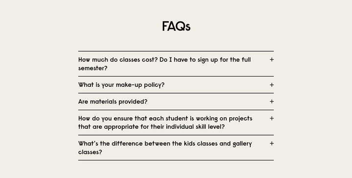 FAQs section from The Art Center